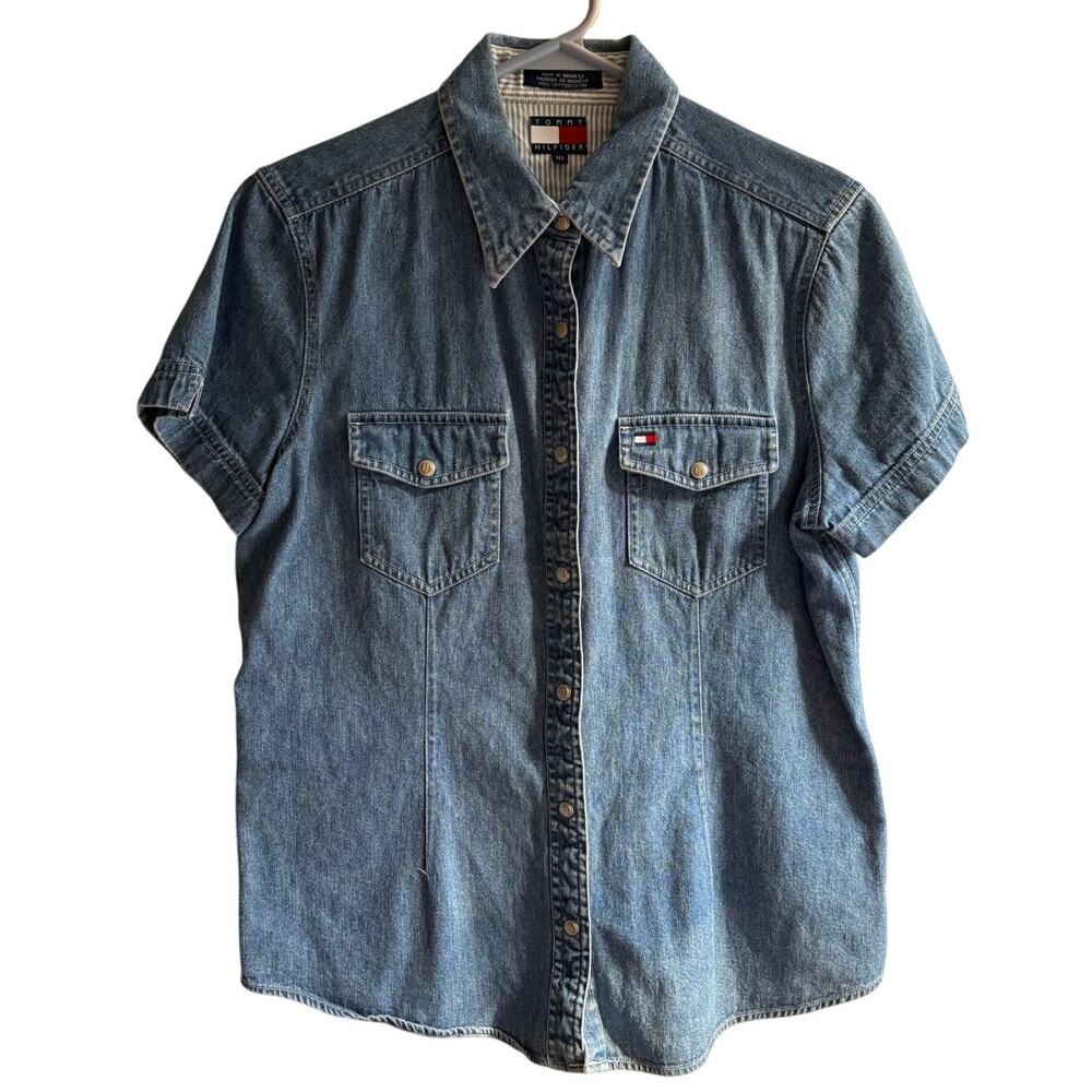 Y2K Denim Tommy Hilfiger Womens Shirt Sz 10 Snap Front Short Sleeve
